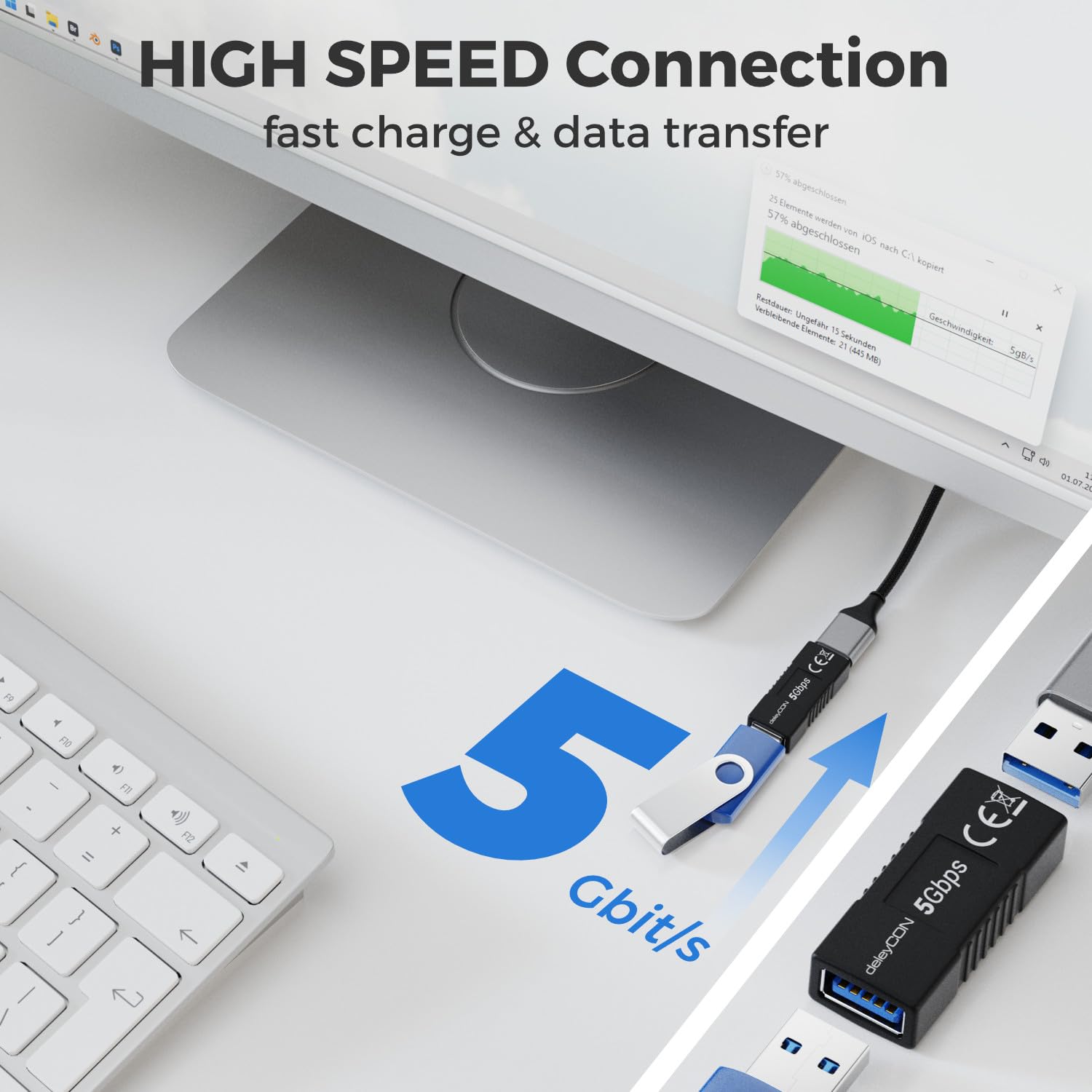 deleyCON 2x 3,0m USB 3.0 Verlengkabel 5 Gbps (A-Stekker naar A-Stopcontact) Aluminium Stekker Nylon Kabel Datakabel voor Toetsenbord, Kaartlezer, Printer, Scanner, Camera Enz