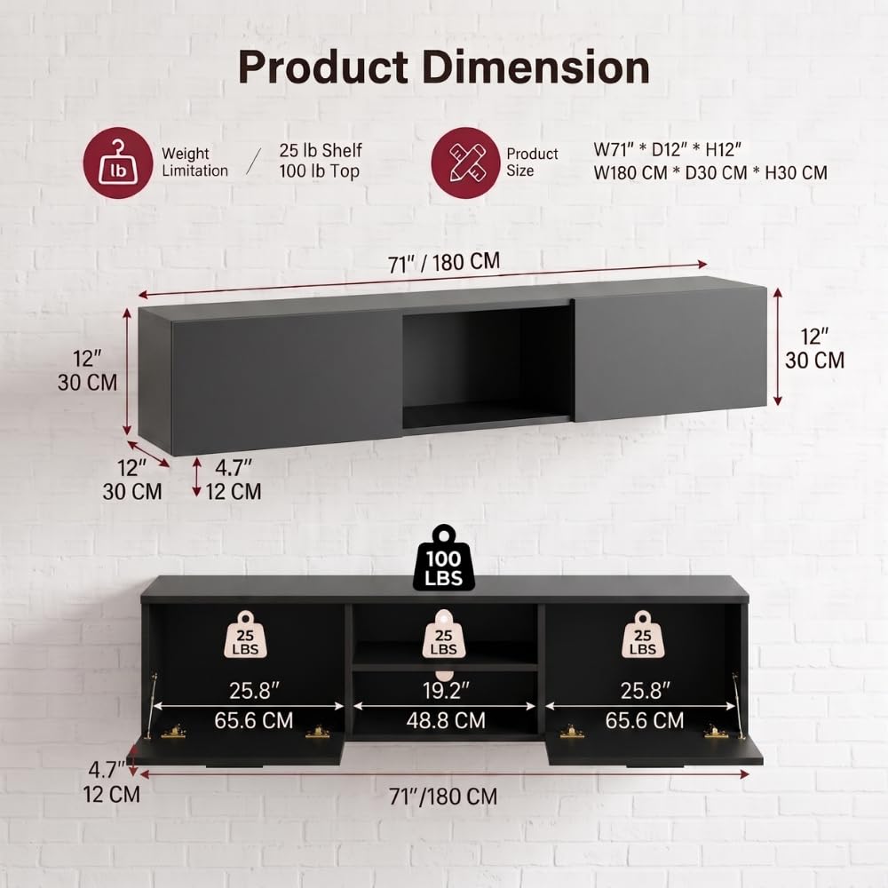 Hangendes TV-Lowboard 180 cm – Wandmontage mit 2 Klappen & offenen Faechern, TV-Schrank in Schwarz Holzoptik, Fuer Fernseher bis 75 Zoll