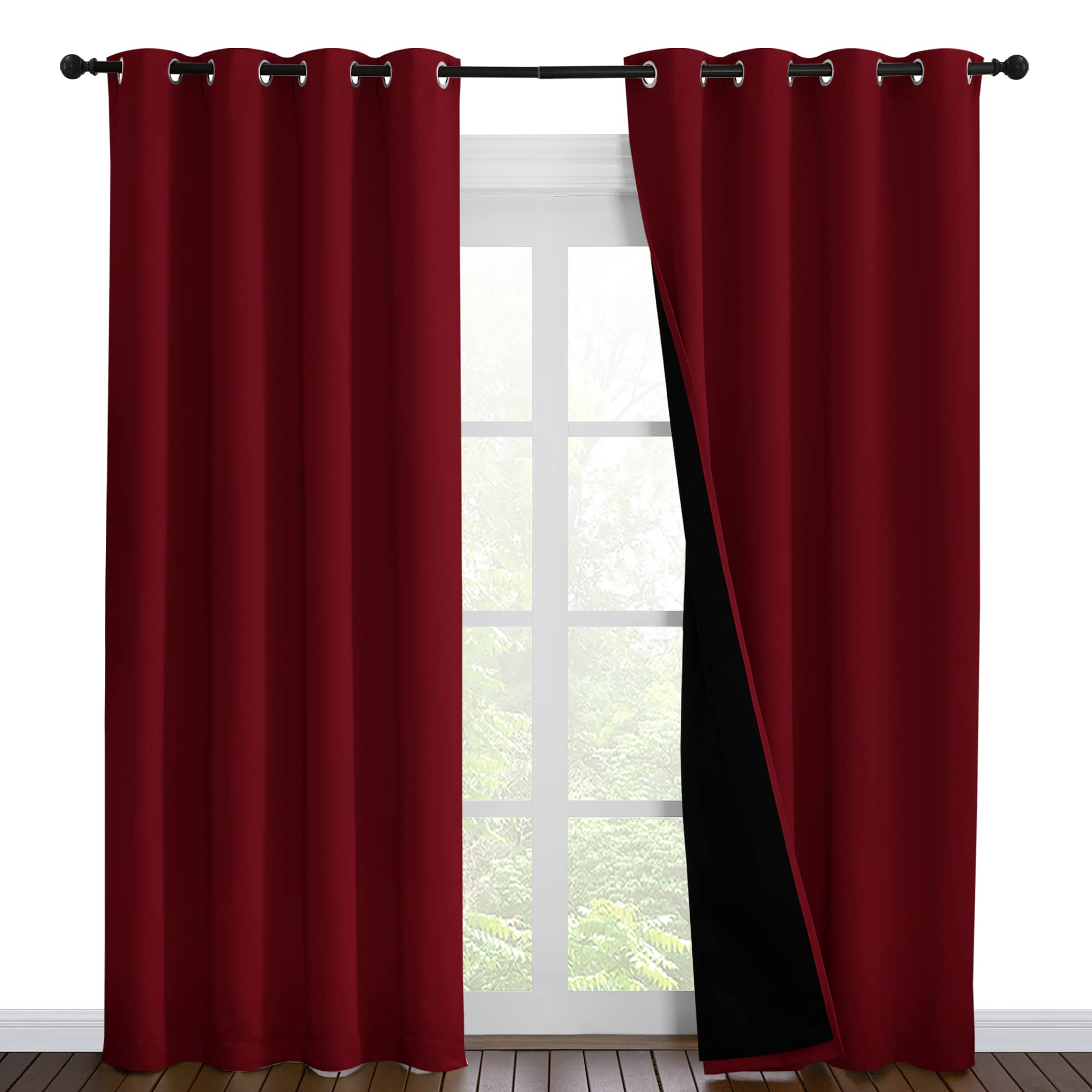 NICETOWN 100% Blackout Curtains with Black Liner Backing, Thermal Insulated Curtains for Living Room, Noise Reducing Drapes for Christmas, Burgundy Red, 55 inches x 86 inches Per Panel, Set of 2
