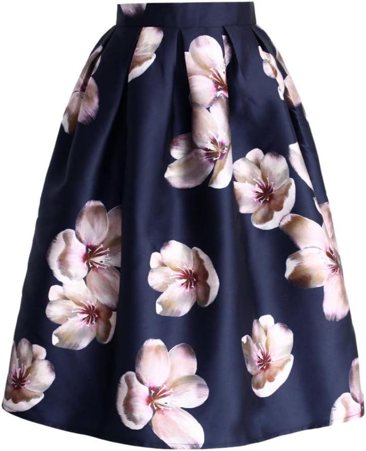 Friendshop Peach Blossom Print Midi Navy Polyester Skirt M