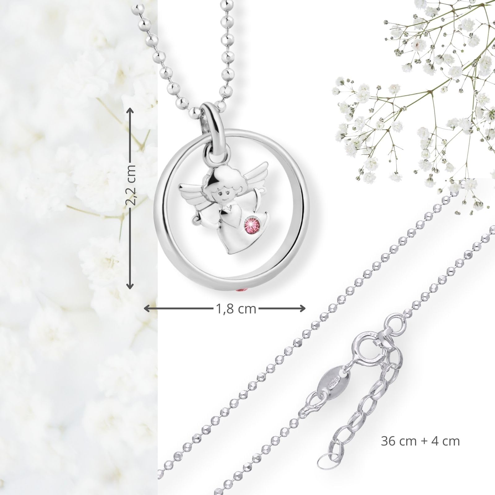 fish Collana Bambina In Argento Sterling Con Ciondolo Angelo E Cristallo Rosa Per Battesimo