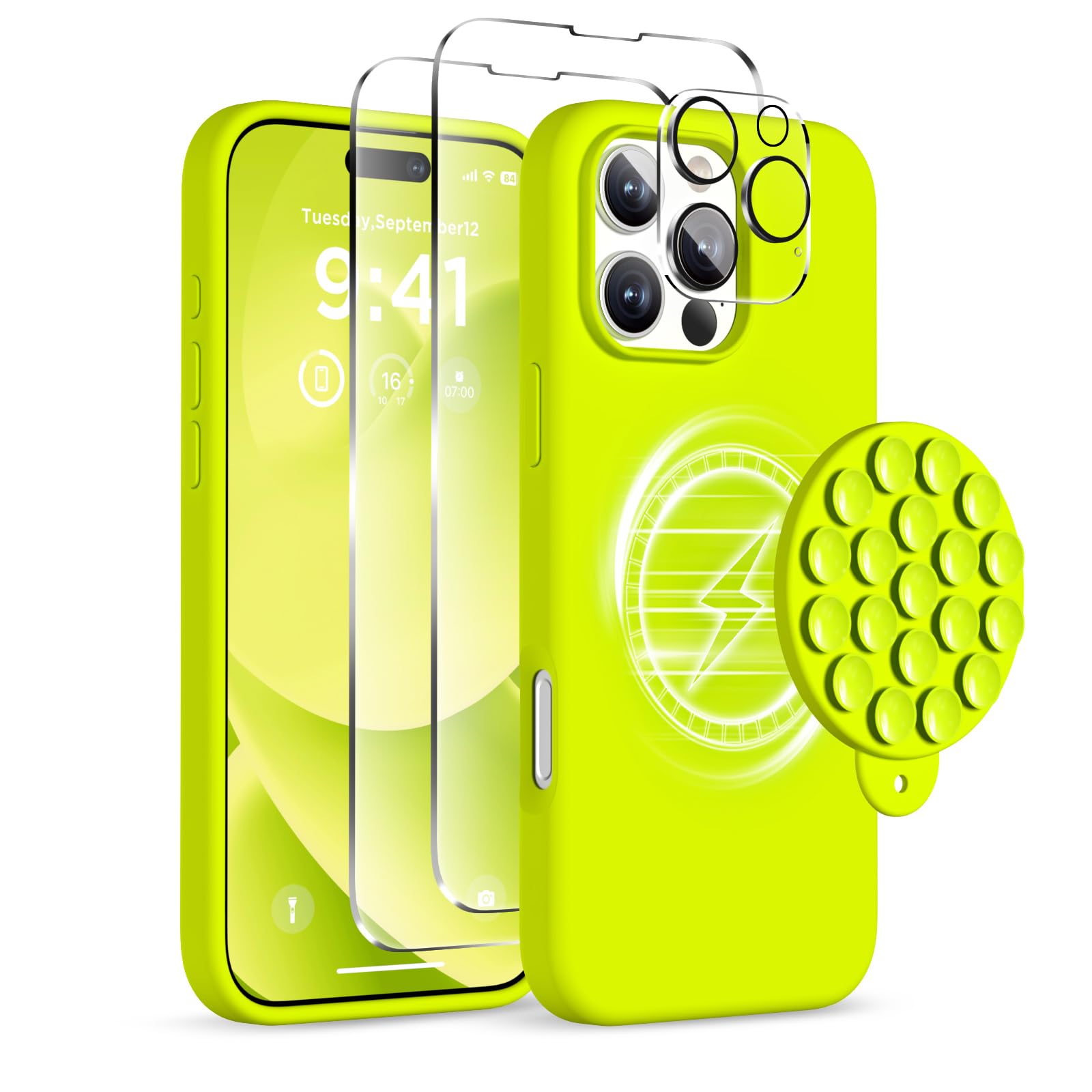 COFFKER Magnetic for iPhone 16 Pro Case, Compatible with Magsafe, Suction Cup Phone Mount, 2 Screen Protectors - Camera Protector, Silicone Shockproof