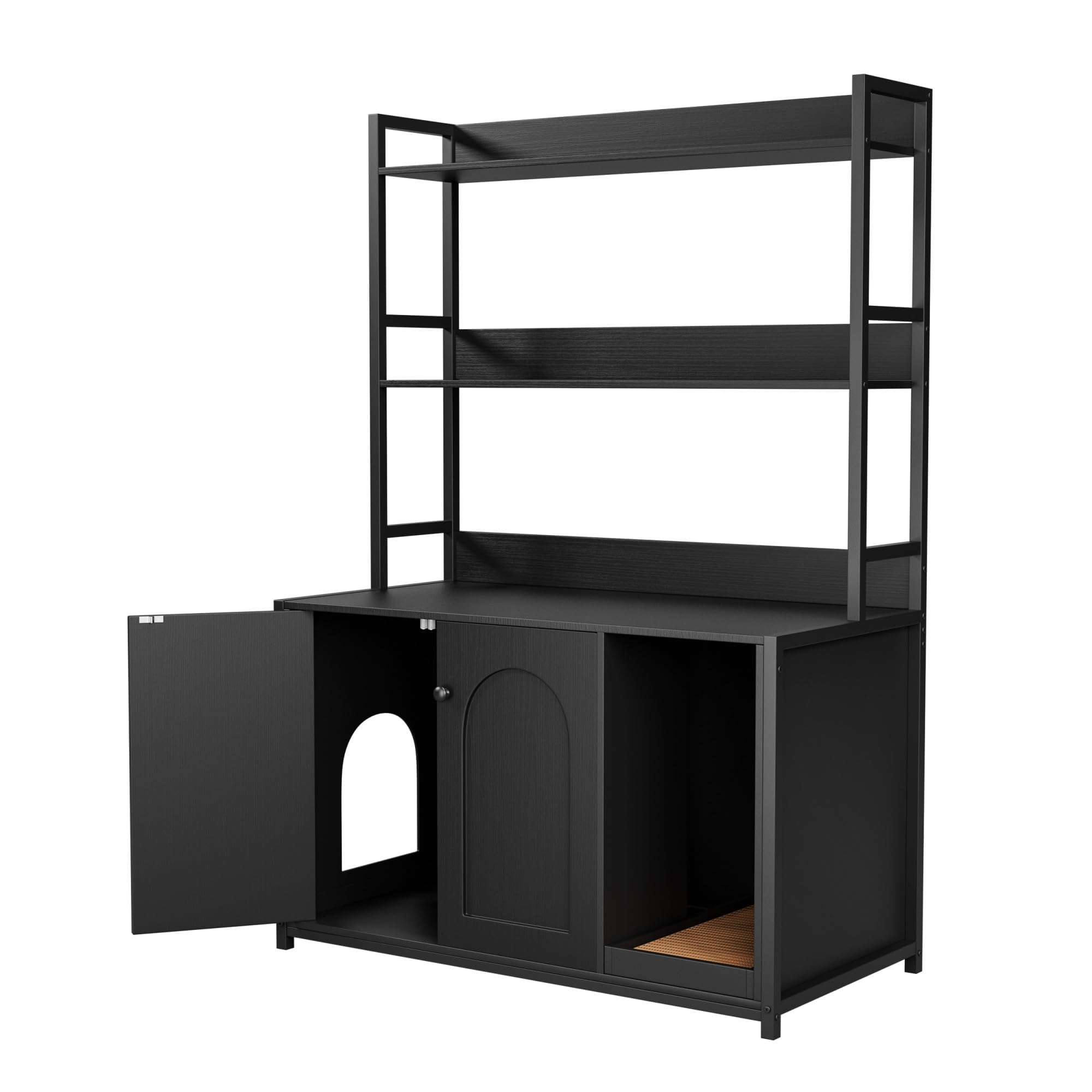 Meuble Litiere Chat avec Trou d’Entrée Latéral& Ouvert Compartiment Rangement,Armoire à litière avec Plan de Travail et 2 étagères.Maison pour Chat pour Salon,Chambre,Bain(132x45x90cm,Noir)