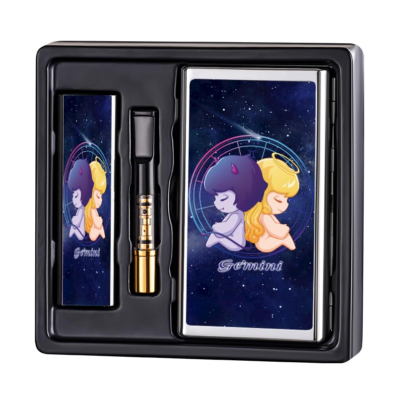 Metal Cigarette Case Double Sided Spring Clip Open Pocket Holder for Regular King and 100's Size Come with Cigarette Filter & Tungsten Wire Lighter 3 in 1 Luxury Set (Gemini)