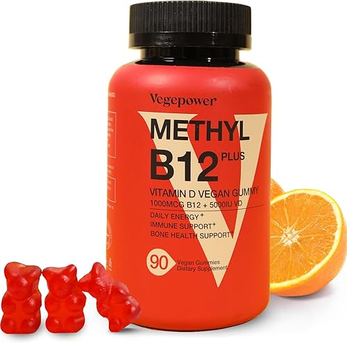 VEGEPOWER Gomitas veganas de vitamina D3 y B12  90 unidades  Suplemento de vitaminas masticables de metilo B12 + D3 para adultos y niños  Energía