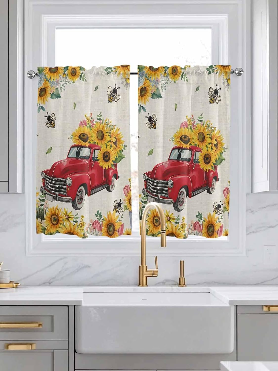 Spring Red Truck Bee Floral Kitchen Curtain 54 Inch Length, Small Short Cafe Tiers Curtains Drape, 2 Panel Window Treatment Rod Pocket Drapery Panels Curtains