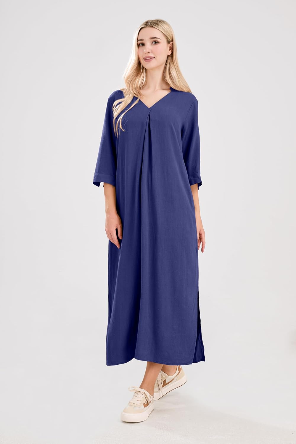 utcoco Womens Cotton Linen Maxi Dresses Casual Loose Fit V Neck 3/4 Sleeve Side Slit A Line Linen Long Dress - Image 7