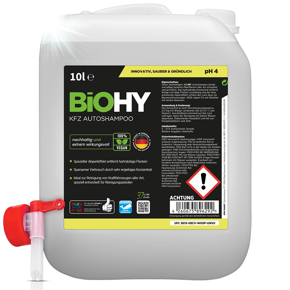 BiOHY Champú para coches (Bidón de 10 litros) + Grifo de Salida | excelente poder de limpieza y formación de espuma | Produce una fragancia fresca y duradera (KFZ Autoshampoo)