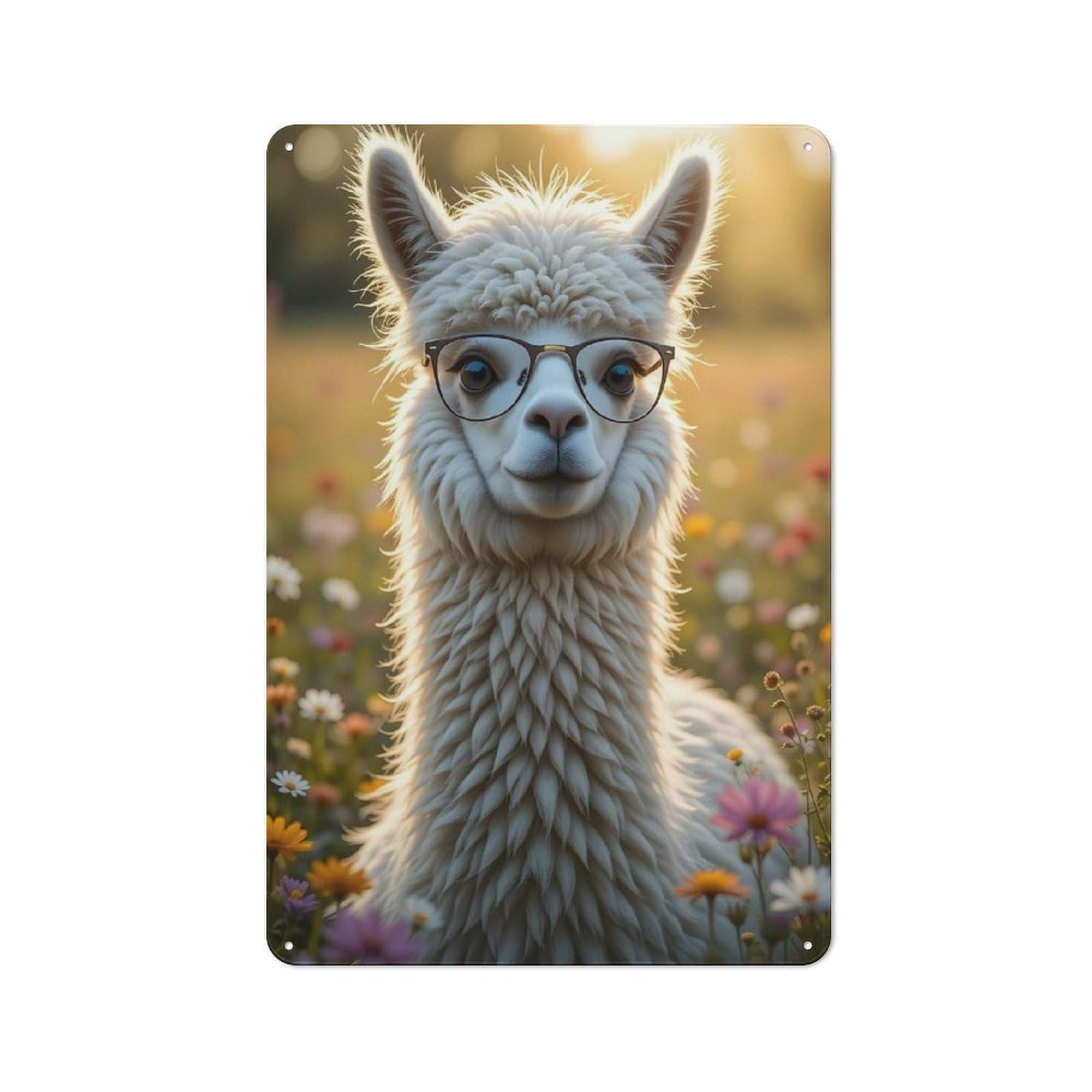 Junmoney Style-4 Character Decorative Tin Plaque 30X20cm Featuring Alpaca With Glasses In Flower Field, Home Wall Decor For Flat, Dorm Room, Lounge Or Cafe