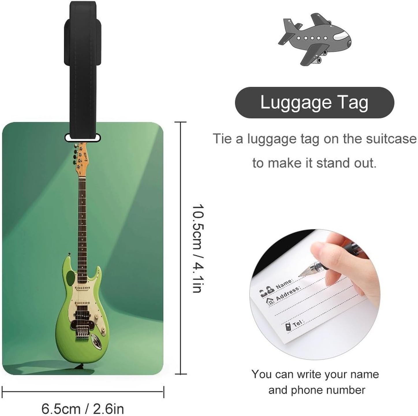 Music Green Guitar Luggage Tag with Lanyard for Suitcase Bag Black image 2