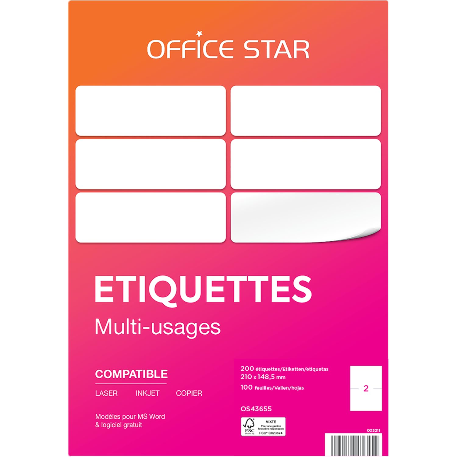 OFFICE STAR - 200 Étiquettes Autocollantes Multi-Usages Blanches Personnalisables Imprimables - Format 210 x 148,5 mm - Impression Laset Jet d'Encre et Copieur