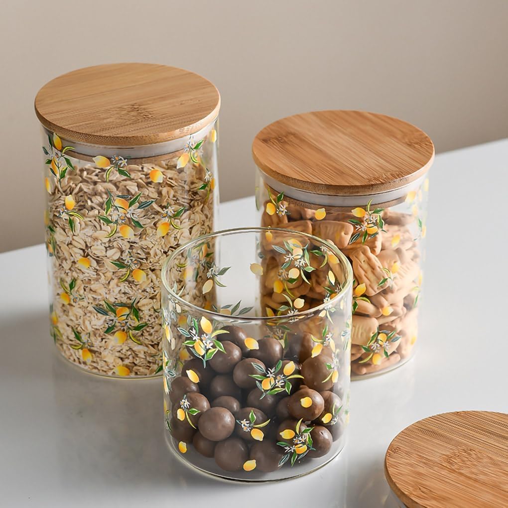 Zuckerdose, Luftdichter Glaskanister, Tee-Aufbewahrungsbehälter mit Bambusdeckel, Lebensmittelbehälter for Kaffee, Kräuter und Zucker(Lemon,18 OZ)