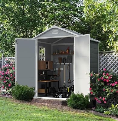 Devoko 6x4 FT Outdoor Storage Shed, Plastic Resin Garden Shed with Lockable Door & Built-in Floor, Waterproof Tool Shed for Backyard, Patio, Lawn, Pool Supplies (Grey)