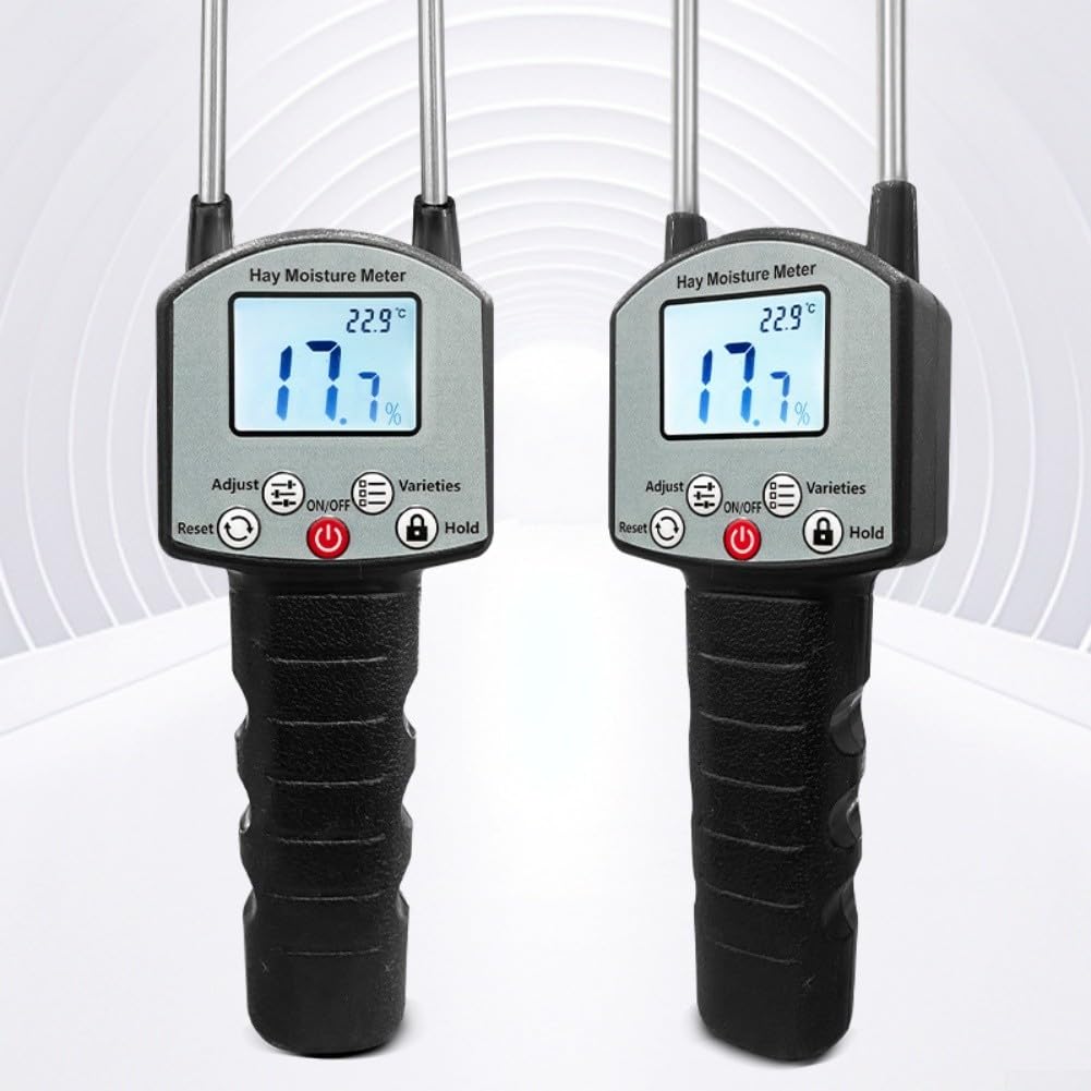 Medidor de humedad de heno de rango 0-80%, detector digital portátil de heno de grano con pantalla LCD retroiluminada, para lectura instantánea Probador de humedad para almacenamiento de paja de balas
