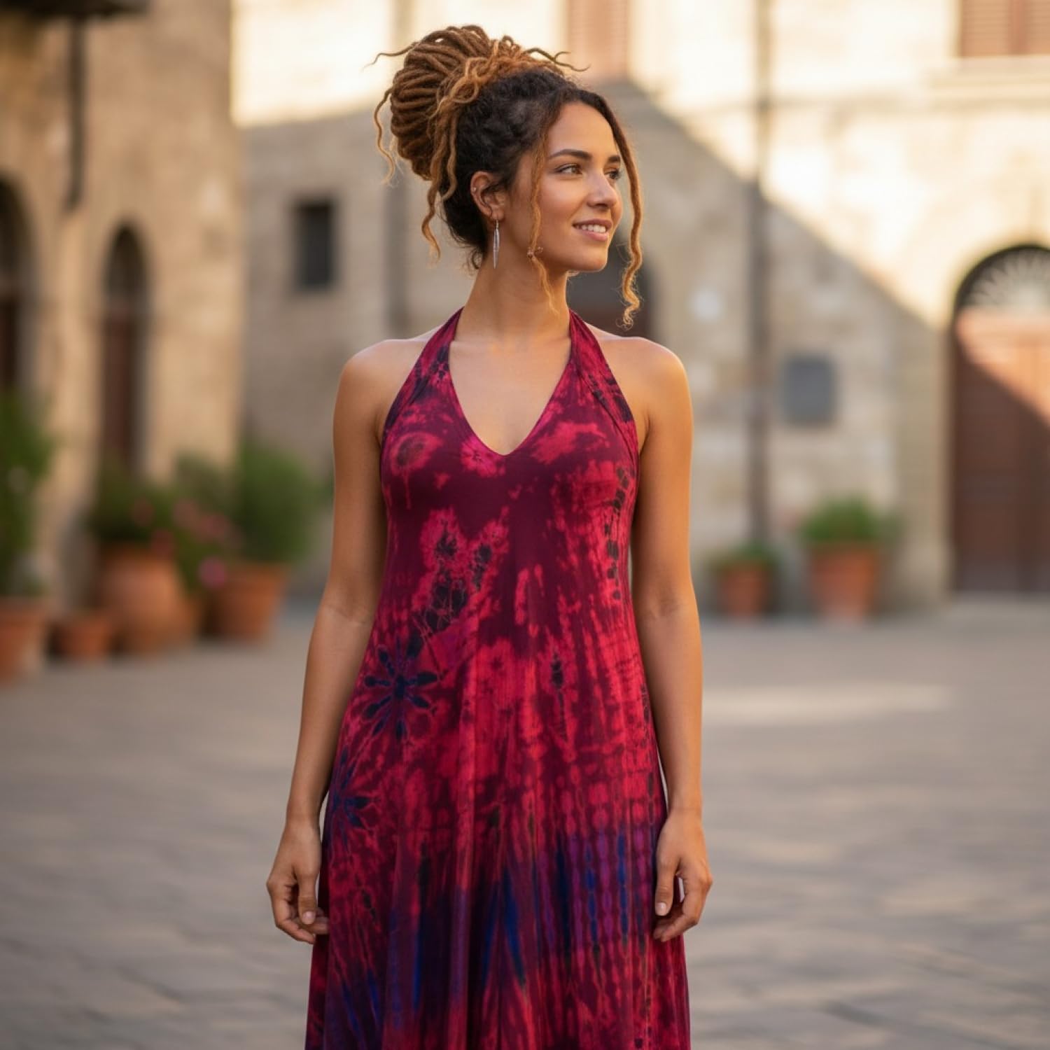GURU SHOP Rückenfreies Unikat Batik Midikleid, Neckholder Boho Pixi Kleid, Damen