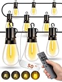 Outdoor Patio String Lights: S14 Shatterproof Bulb Outside Waterproof Light - 50Ft 15M Remote Dimmable Connectable Hanging Outdoor Electric Lighting - Garden Backyard Yard Gazebo Porch Party