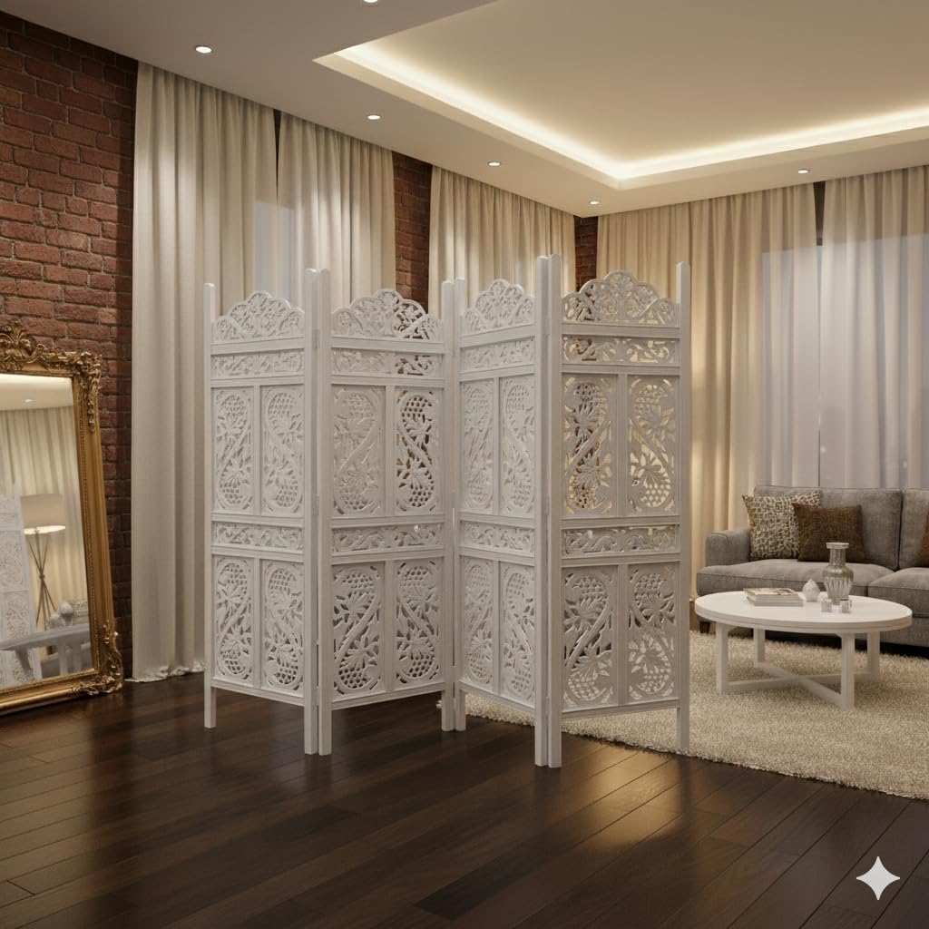 Home & Goods International Wooden Room Divider Partition – 5-FT Folding Privacy Screen Decorative Freestanding Panel for Home, Office & Studio with SS Design Cutout (4 Panel - White)