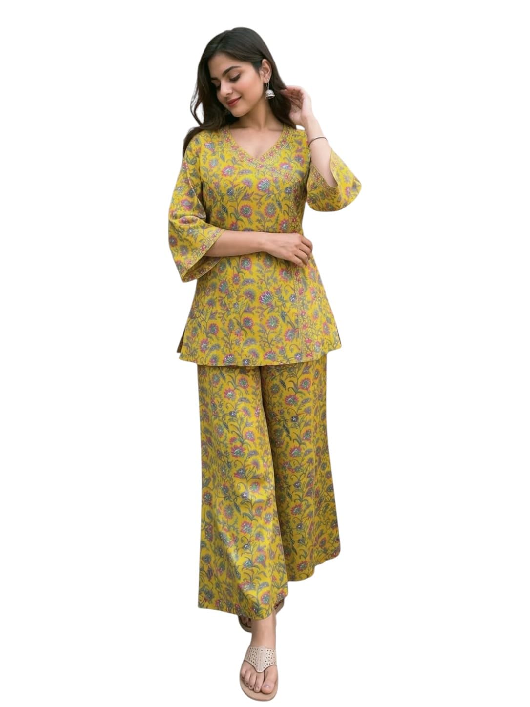 Women Floral Printed Kurta Palazzo Set, Cotton Blend, V Neck, 3/4 Sleeves, Yellow, Ethnic Co-Ord Set for Festive, Office, Daily Wear