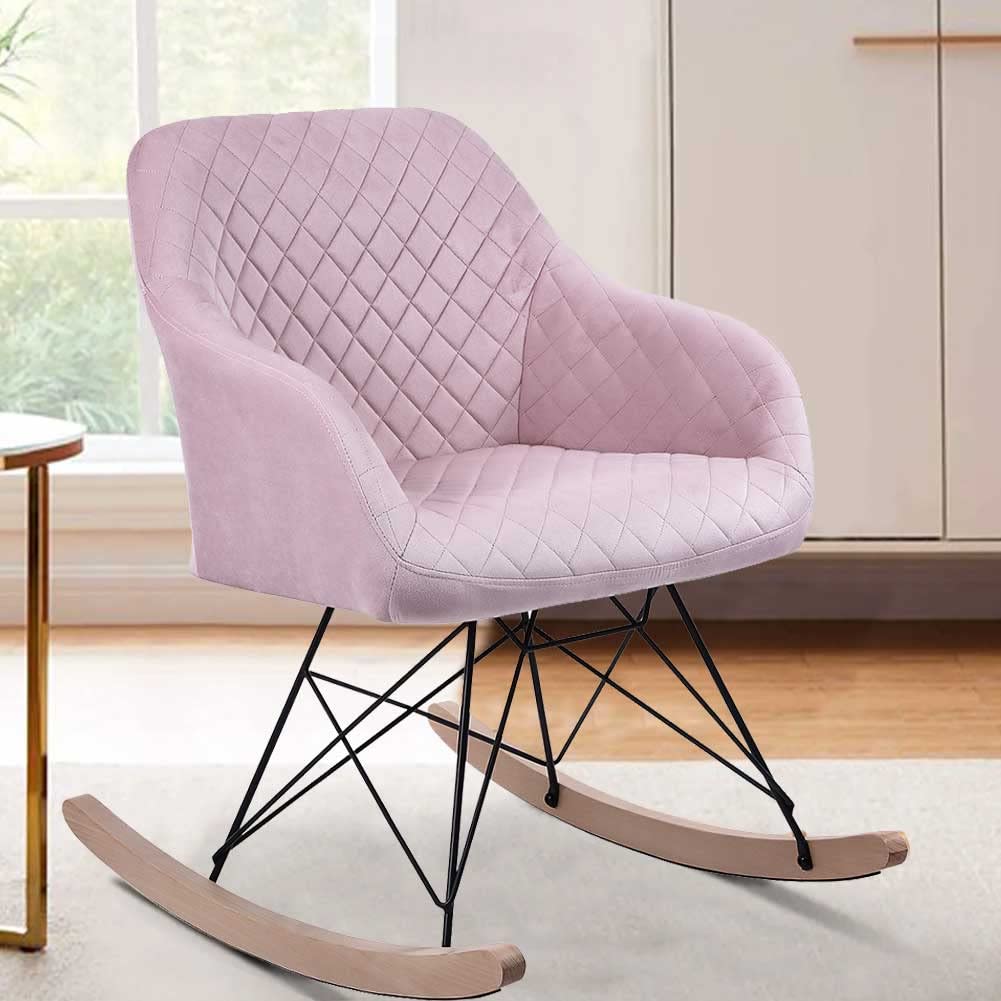 BAKAJI Poltrona Sedia a Dondolo Relax Casa Rivestimento in Tessuto Struttura Legno Imbottita Piedi in Metallo Base Dondolante Legno Dimensione 75 x 58 x 80 cm Design Slitta Scandinavo (Rosa)