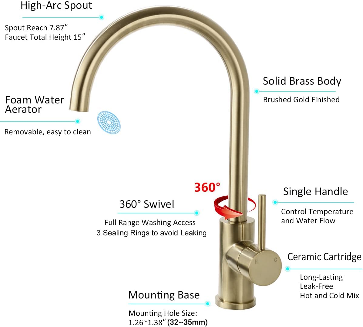 Black Friday - 80% OFF Solid Brass Kitchen Faucet Single Handle 1 Hole 360-Degree Swivel Gooseneck Bar Sink Mixer Tap, Brushed Gold