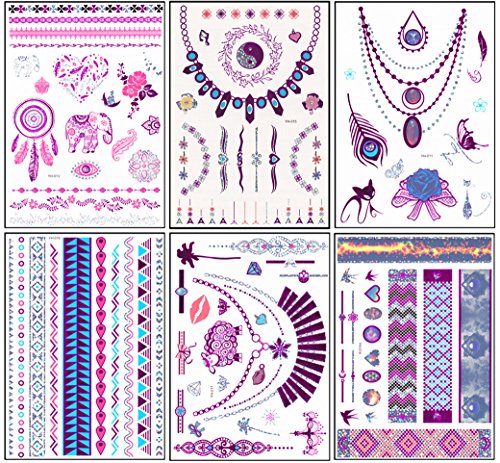 , Dalin 6 Sheets Purple Silver Blue Metallic Jewelry Temporary Flash Tattoos Trendy Designs - Elephant, Sheep, Cat, Feather, Rose, Moon, Heart, Flower and More