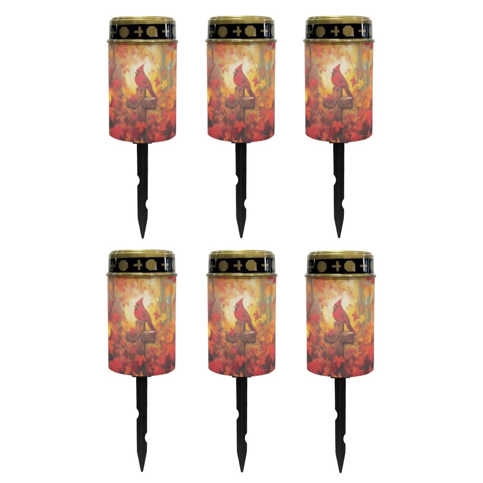 Poceacles Cardinal Cross Maple Leaf Solar Outdoor Lights Solar Grave Candle Solar Cemetery Candles LED Automatic Flameless Candles Cemetery Outdoor Solar Lights for Loss of Dad, Set of 6