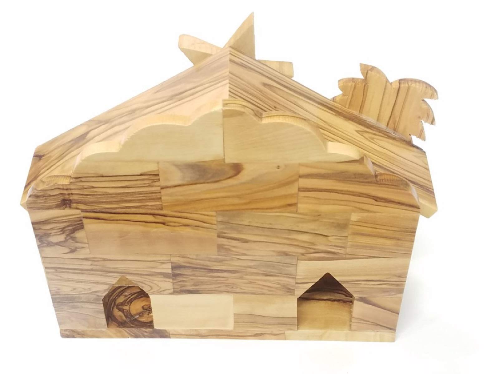 Handgeschnitztes Bethlehem Olivenholz Miniatur Krippe Set mit Stall 12 Stück (15,2 cm Musikstall)
