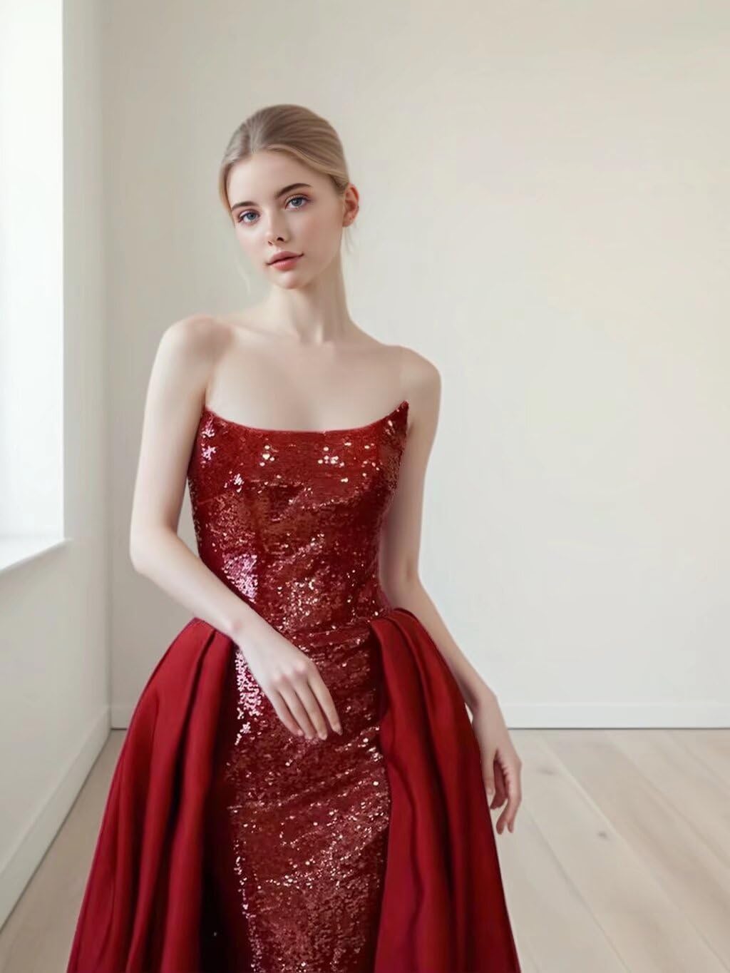 Mermaid Sequins Prom Dresses Side Slit Ball Gowns for Women Formal Strapless with Train