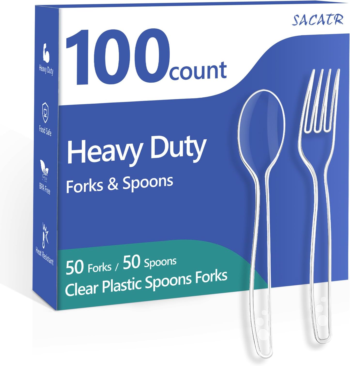 100 Count Plastic Silverware Heavy Duty -50 Forks, 50 Spoons, BPA-Free, Heat Resistant, Disposable Plastic Utensils Set, Plastic Cutlery Set, Plasticware Suitable for Party Everyday Use