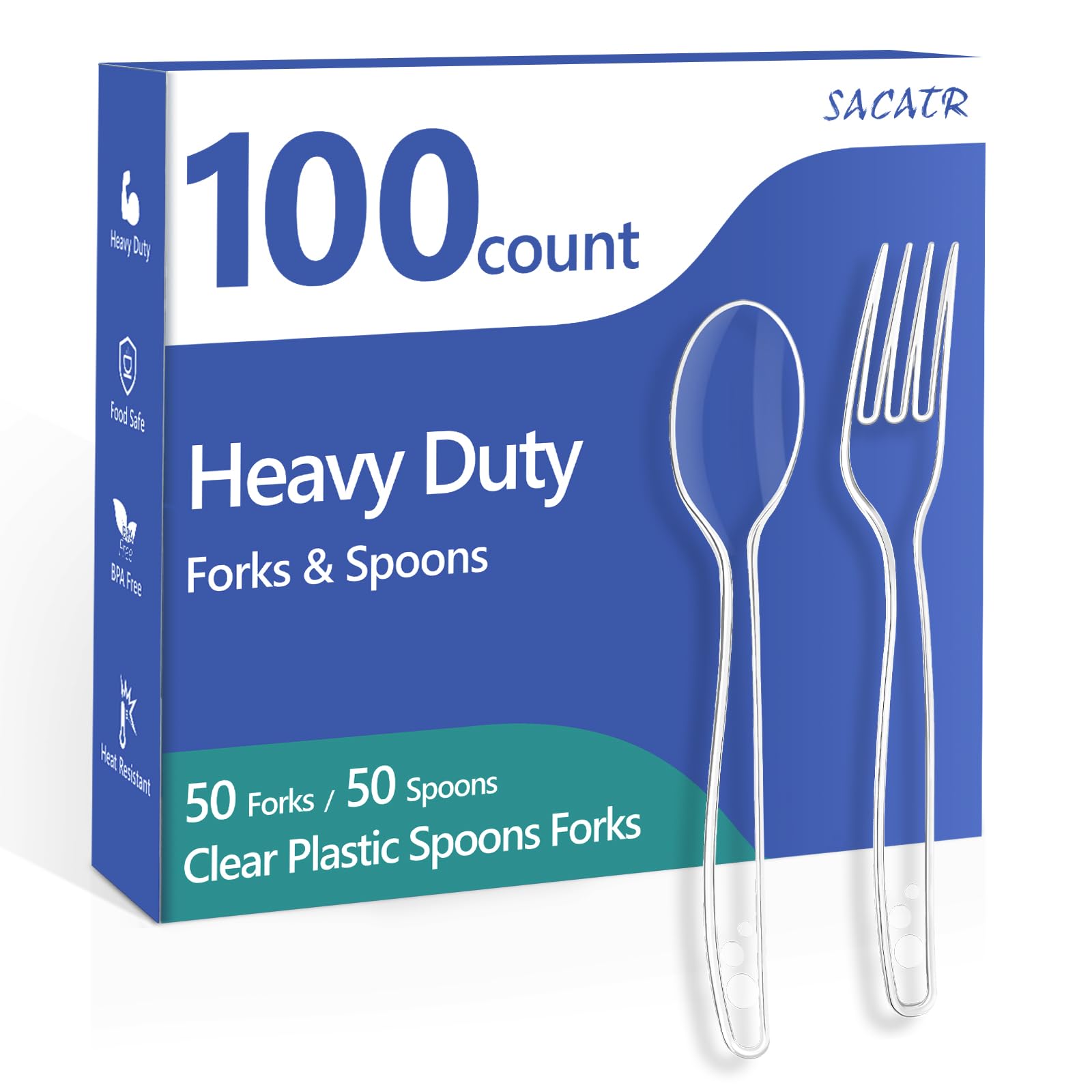 100 Count Plastic Silverware Heavy Duty -50 Forks, 50 Spoons, BPA-Free, Heat Resistant, Disposable Plastic Utensils Set, Plastic Cutlery Set, Plasticware Suitable for Party Everyday Use
