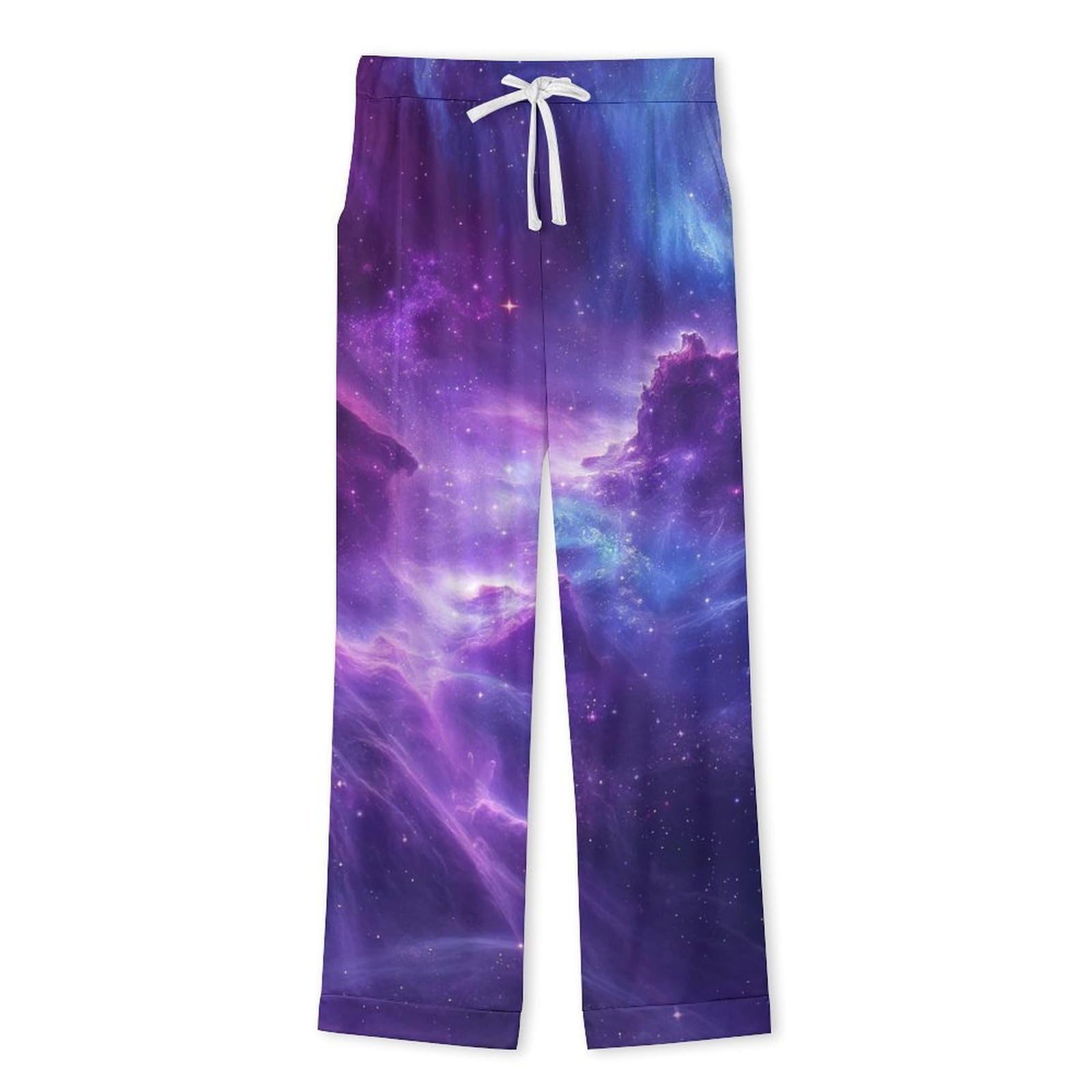 OLEETS Completo Pigiama da Uomo 2 Pezzi - Cielo Stellato Viola Pigiama Invernale Pantaloni Top Caldo Autunnale Traspirante Morbido 2 Pezzi Casual Ampio