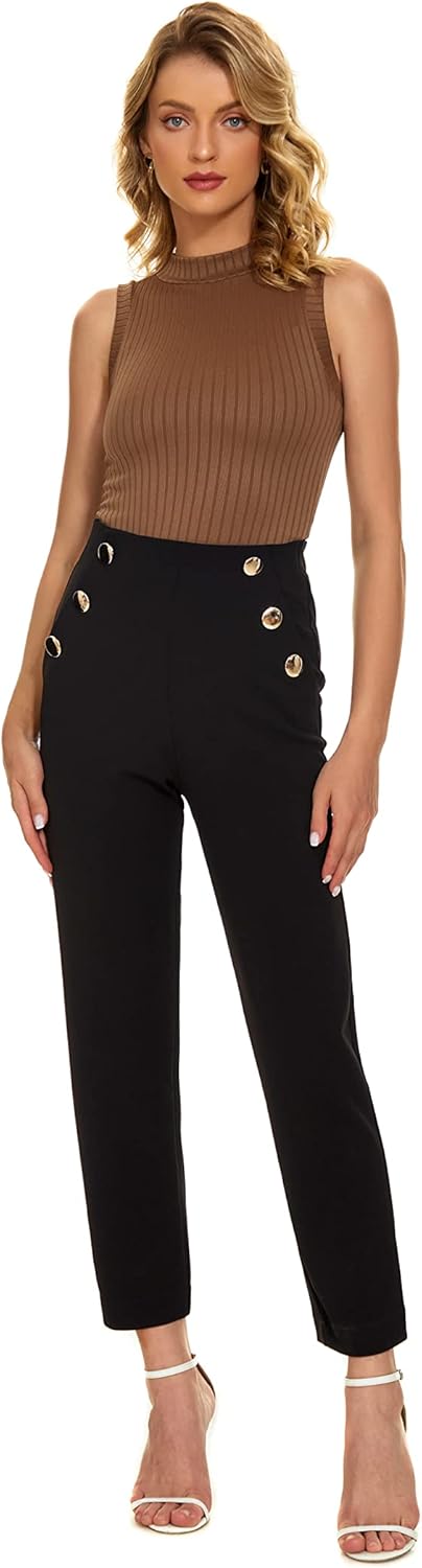 Women's Casual High Waisted Ankle Cropped Pants Elastic Waistband Slant Pockets with Metal Buttons - Image 3