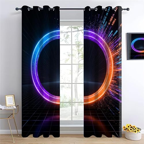 Cyber Ring Curtains, Thermal Insulated Darkening Drapes For Sci-Fi Home Decor, Futuristic Neon Circle Digital Grid Scene Grommet Window Treatments,