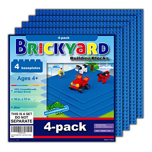 Brickyard Building Blocks Lego Compatible Baseplate - Pack Of 4 Large 10 X 10 Inch Base Plates For Toy Bricks, Stem Activities & Display Table - Blue #TOP8