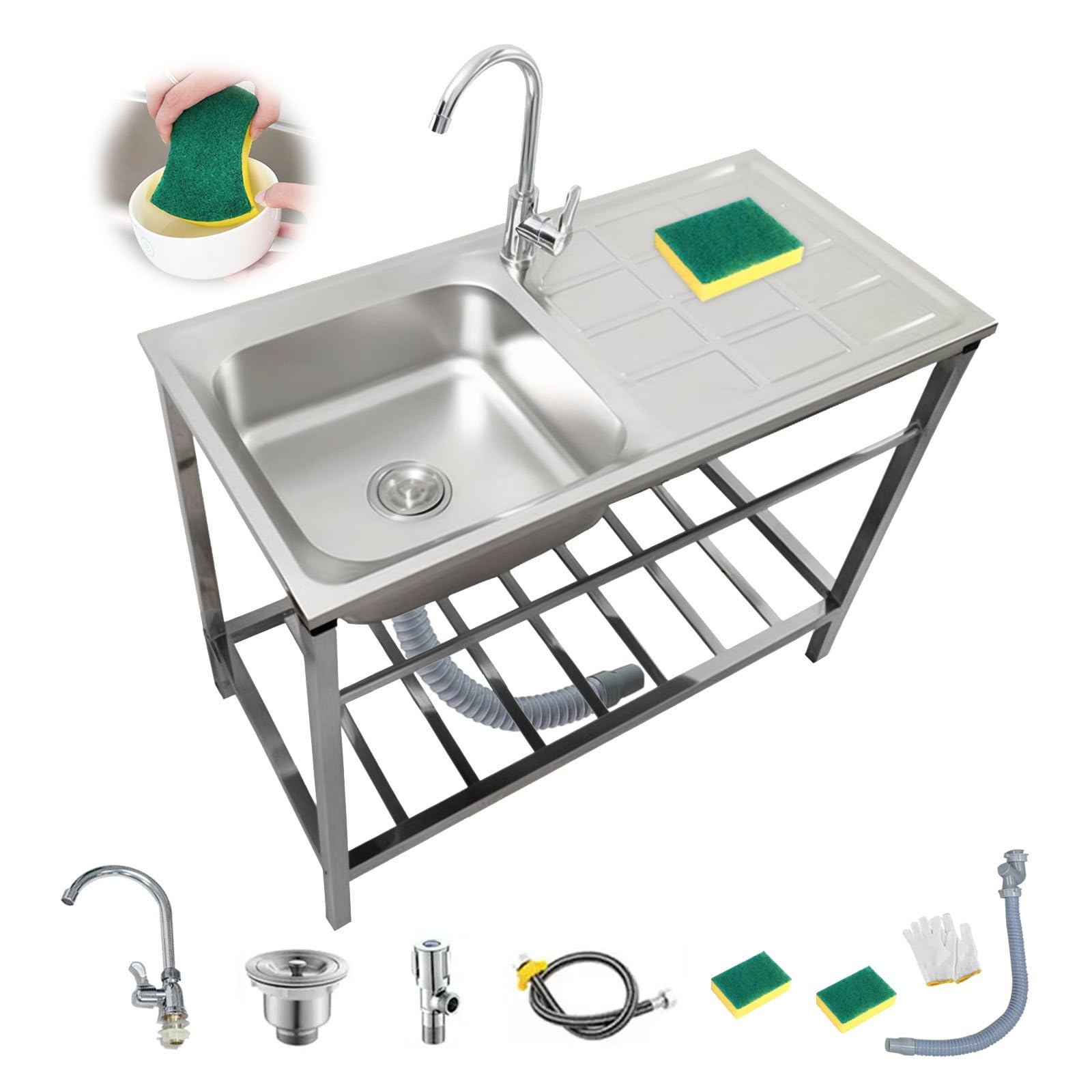 Lavabo Commercial De Cuisine, Evier INOX 1 Bac avec Egouttoir Et Robinet, Extérieur Évier De Jardin, évier Industriel, Évier Utilitaire Pour Restaurant, Garage, Buanderie(75x40xH75cm)