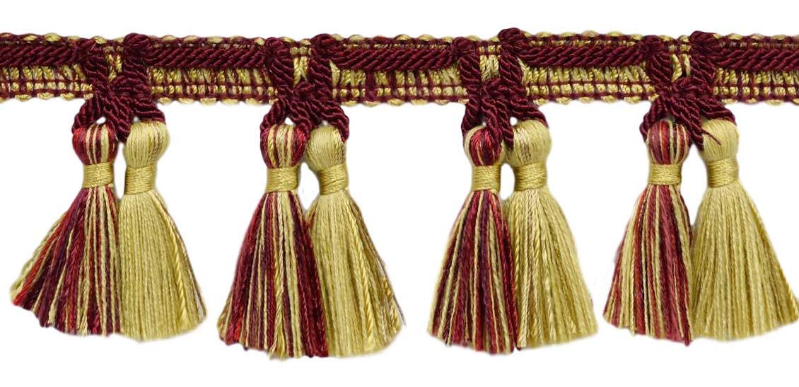 Passementerie d'exception bordeaux et or 64mm, frange à glands haut de gamme Veranda 4,6m