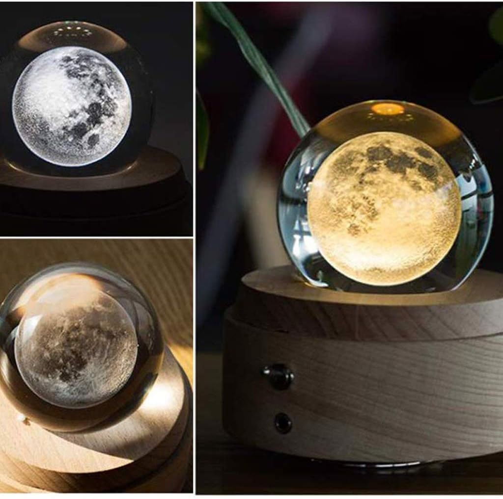 ムーンオルゴール - クリスタルボール装飾オルゴール 回転式ミュージックプレーヤー ブナベース