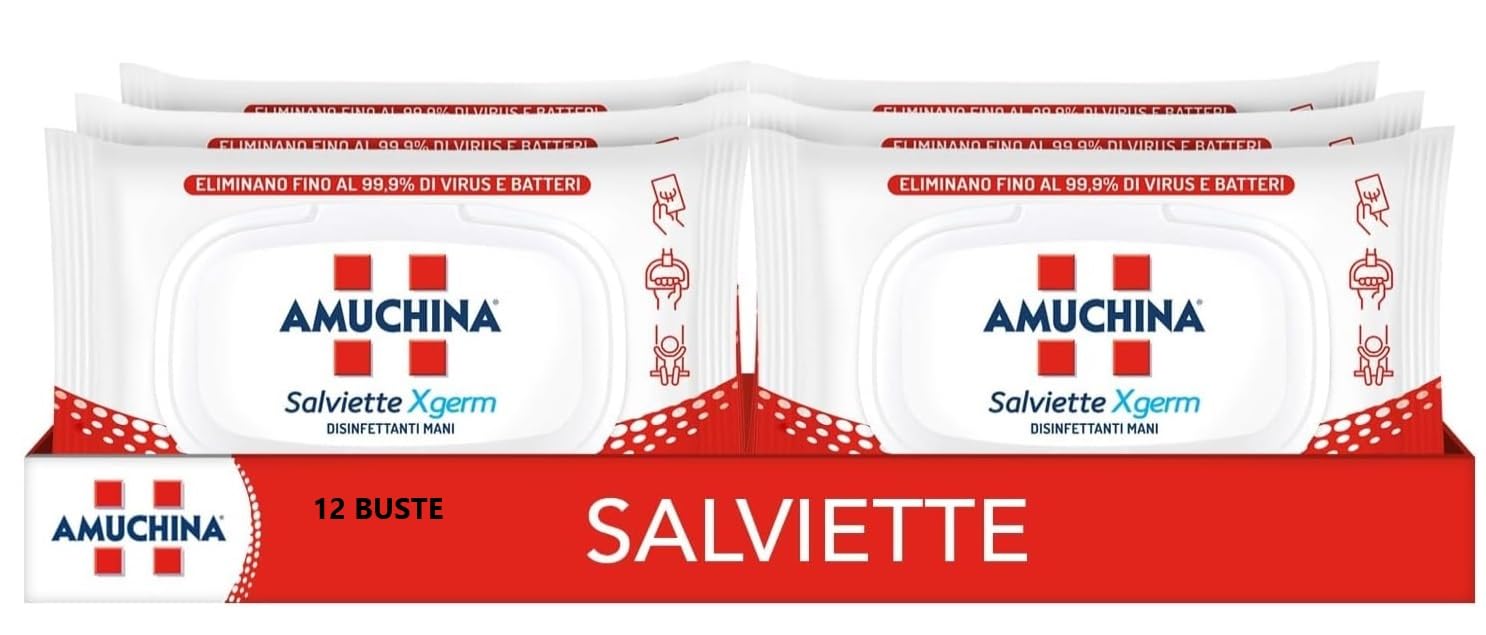 SALVIETTE XGERM DISINFETTANTI PER LE MANI AMUCHINA - BUSTA DA 20 SALVIETTE - CONFEZIONE DA 12 BUSTE