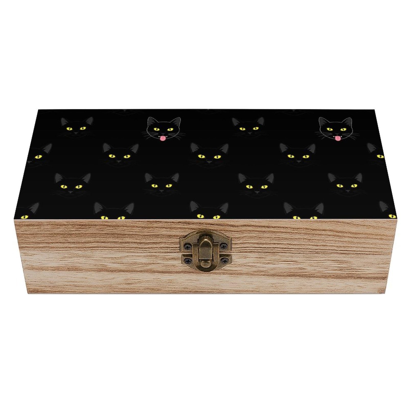 HLBSDM Wooden Storage Box with Hinged Lid, Decorative Wooden Box Jewellery Organizer Cool Funny Black Cats Keepsake Box for Wedding, Birthday, Anniversary