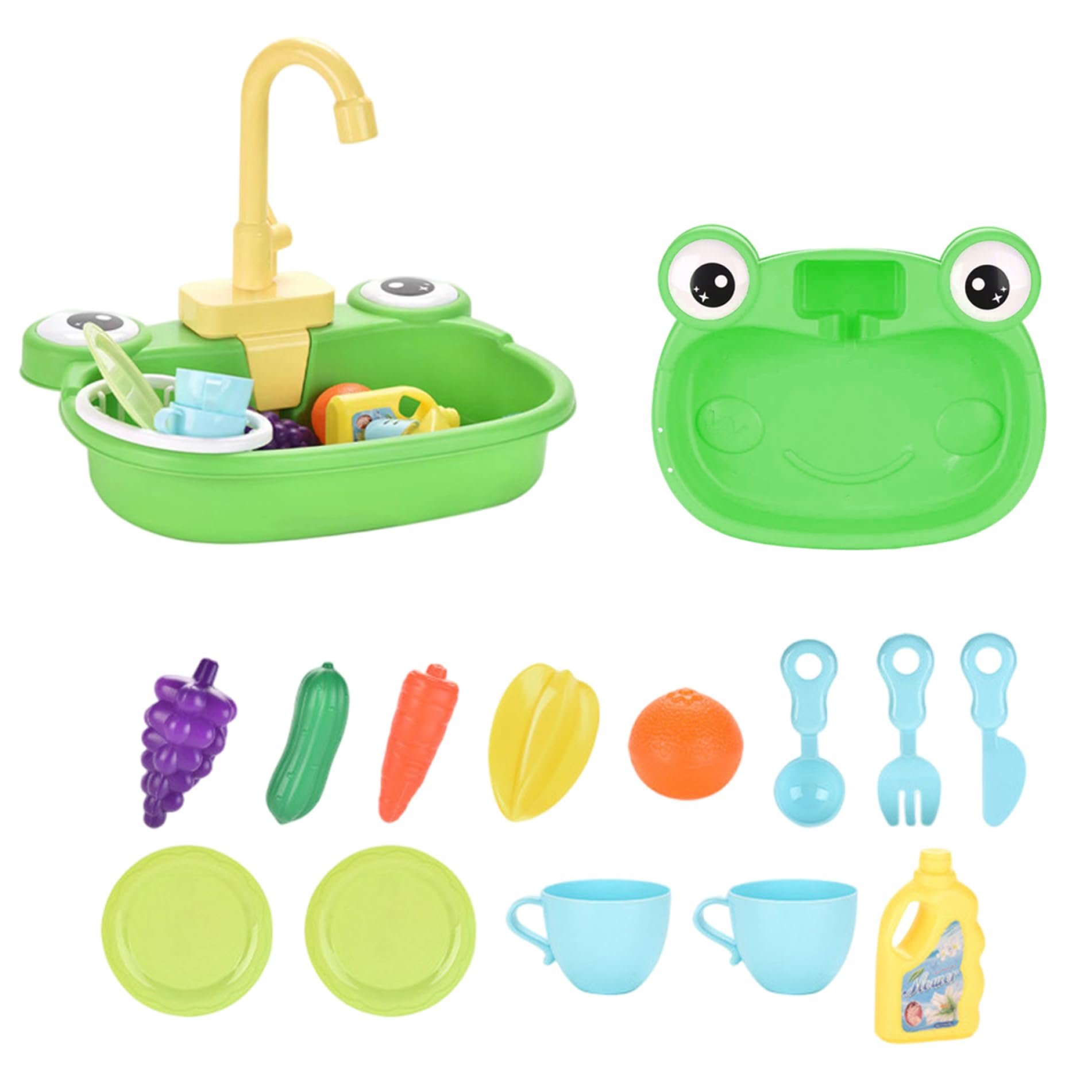 Évier pour Enfants avec Eau Courante, évier de Jeu en Plastique Grenouille avec Robinet Rotatif à 180 °, avec modèle de Jouet légumes, Fruits, Vaisselle, Panier à détergent et égouttoir, décorations