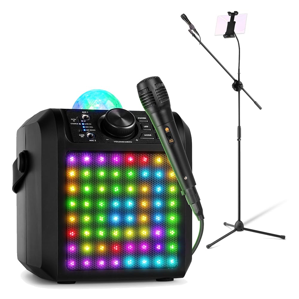 Fenton KAR55B Kids Karaoke Machine with 2 Microphones, Bluetooth Karaoke Speaker, Tablet Mount, Mic Stand, RGB Lights, Duet Function and Echo Effect for Parties and Home Use