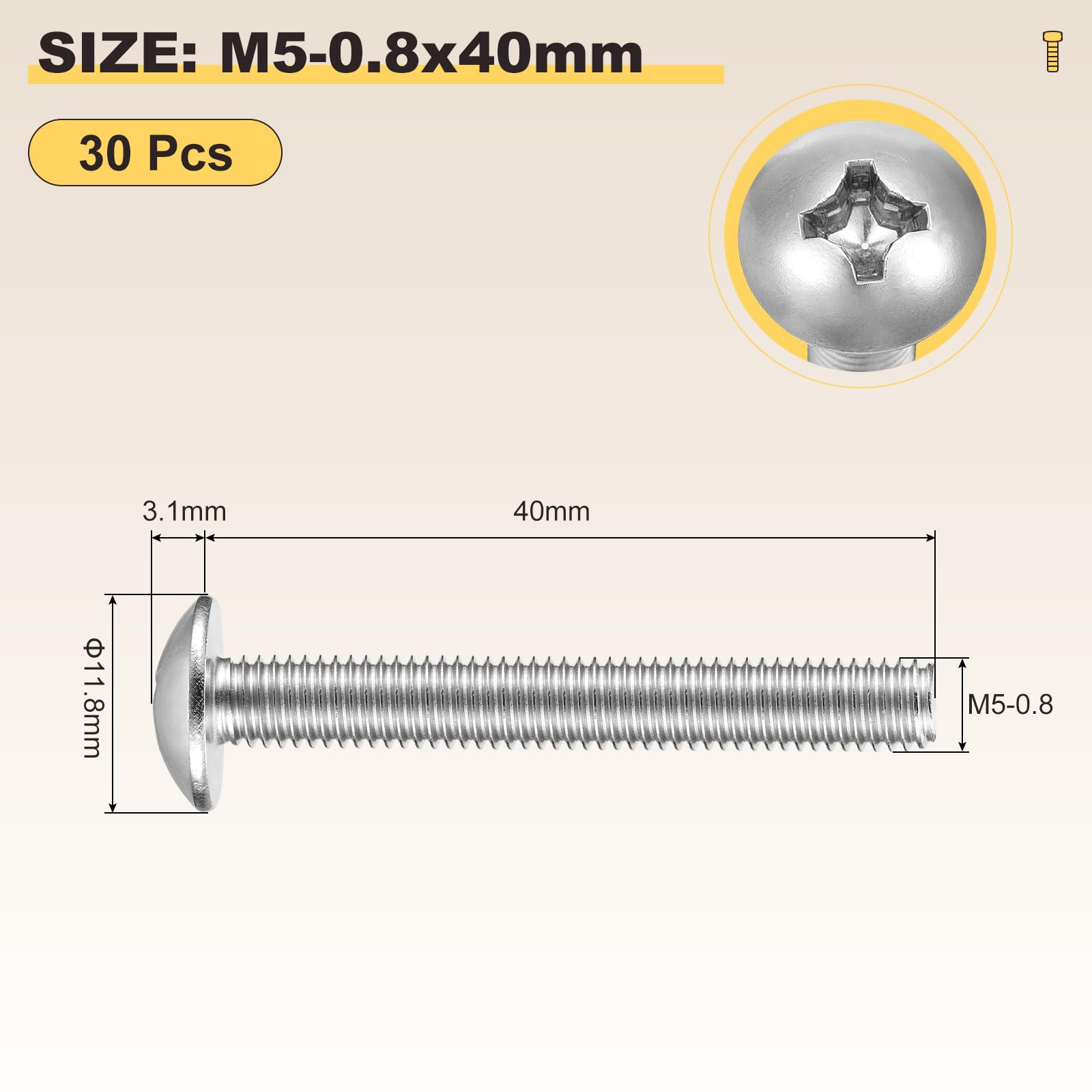 METALLIXITY Machine Screws Phillips Head(M5-0.8x40) 30Pcs, 304 Stainless Steel Round Head Phillips Drive Furniture Bolts - Image 2