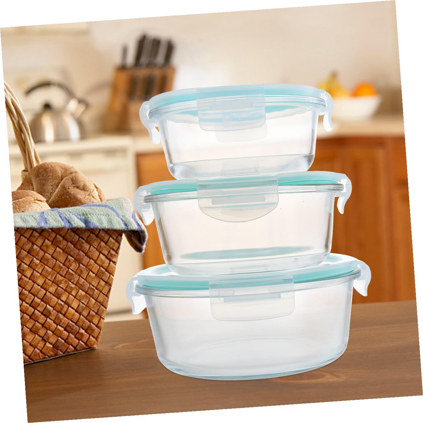 IMIKEYA Boîtes à Lunch en Verre Borosilicaté 3 Pièces Couvercle Hermétique, Design Compartimenté, Capacité 400ml 650ml 1000ml, Portable et Bleu, pour Repas au Bureau