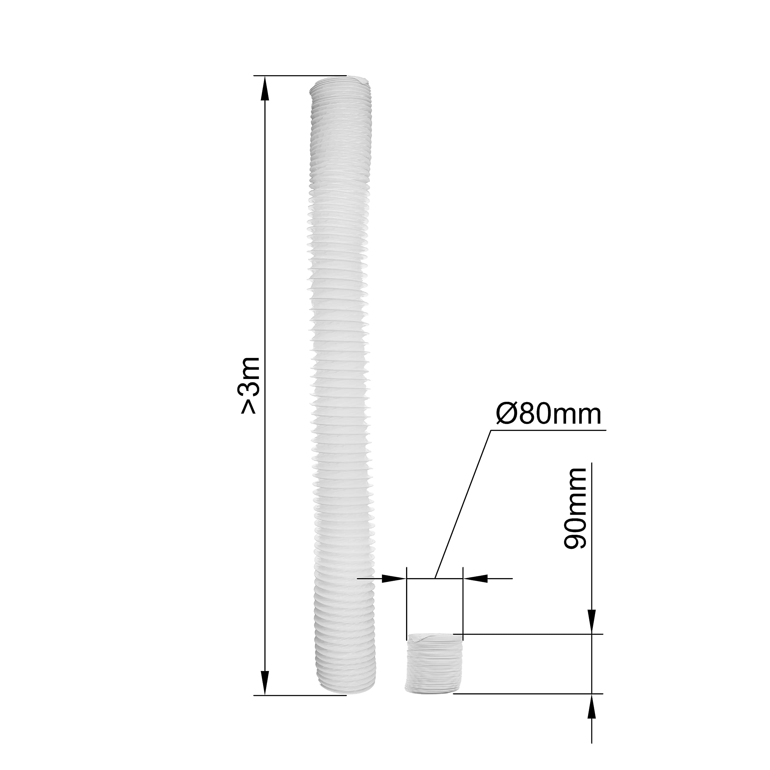Vent Systems Ø80 mm de 3M Long PVC Flex Manguera con alambre de acero en el interior. Líneas aéreas flexibles para ventilación. Canal de calefacción, enfriamiento y ventilación flexibles