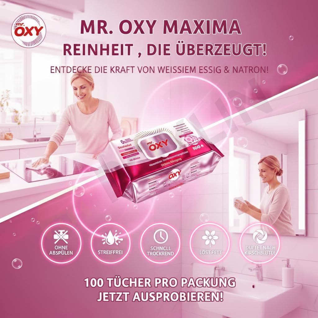 Mr. OXY Maxima Allzweck-Reinigungstücher – Streifenfrei, Fettlösend, Schnell Trocknend, Duft nach Kirschblüten – Mit Weißem Essig & Natron – Ohne Nachspülen, Einfache Reinigung (Pack of 6)