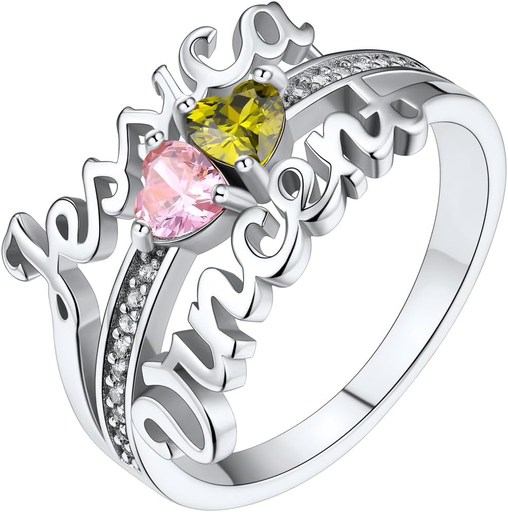 Silvora 925 Sterling Silver Personalized Name Rings Mothers Ring 2 Birthstones Custom Name Ring for Women Memorial Wedding Rings