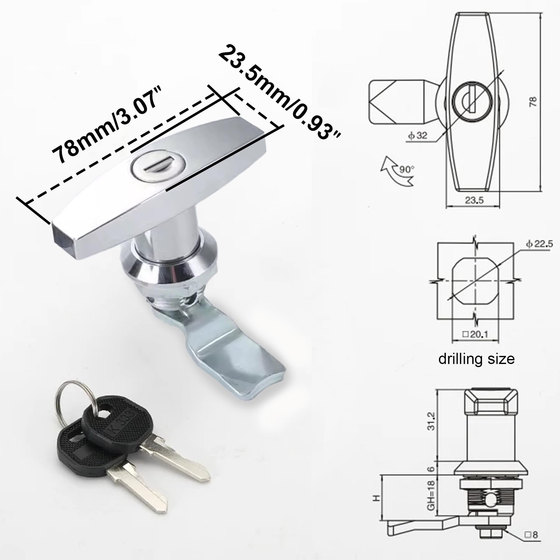 LEPEVNEY T Handle Door Lock Zinc Alloy Garage Door Lock Latch Cabinet Toolbox Handle Lock, RV Trailer Door Cam Lock 2-Pack, Silver - Image 3