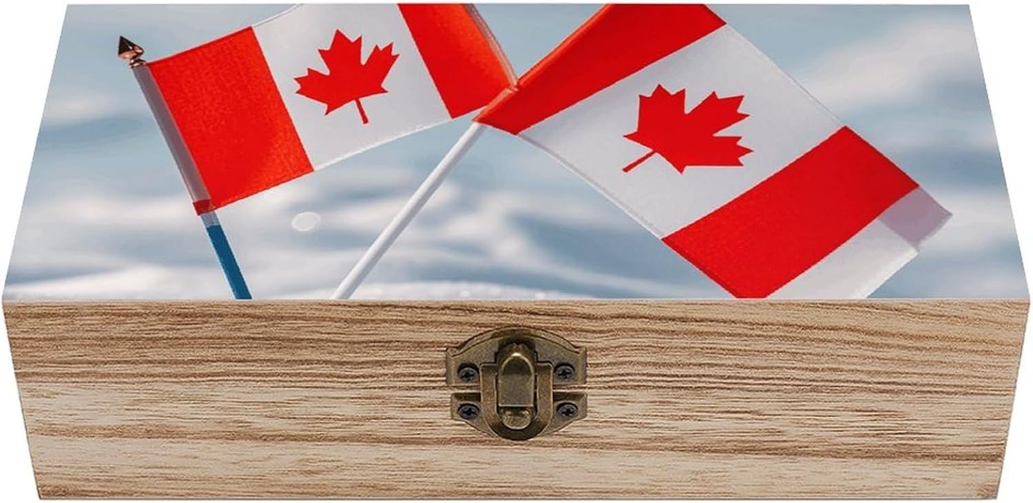 Vintage Wooden Storage Box with Hinged Lid, Small Canadian Flags