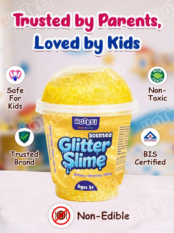 Image of HOTKEI Yellow Glitter Slime for Kids 3 to 10 Years Super Stretchy, Soft & Smooth Premium Shiny Slime Non-Toxic Sparkle Fun Slimy Toy Birthday & Return Gift for Kids Boys and Girls