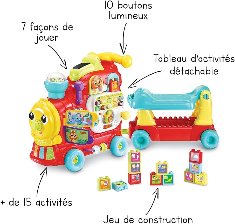 VTech - Maxiloco, My Trotti Train 7 in 1, Baby Pusher Walker, Scalable Carrier, Detachable Interactive Activity Board, Alphabet Building Blocks, Baby Gift from 1 Year